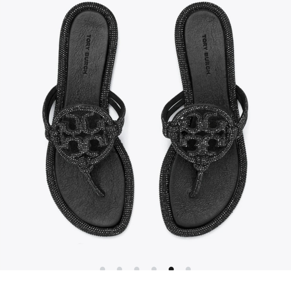 Tory Burch Black Crystal Logo Thong Sandals with Beaded Trim